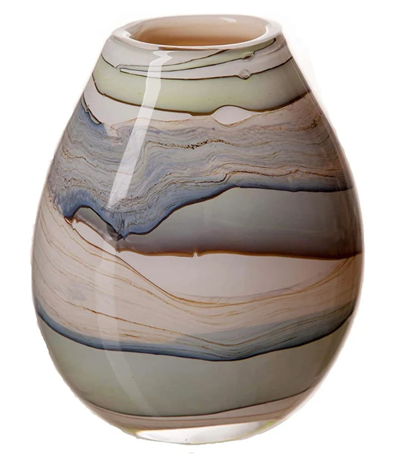 30cm Mouth Blown Glass Oval Vase Blue Grey Green Cream Effect