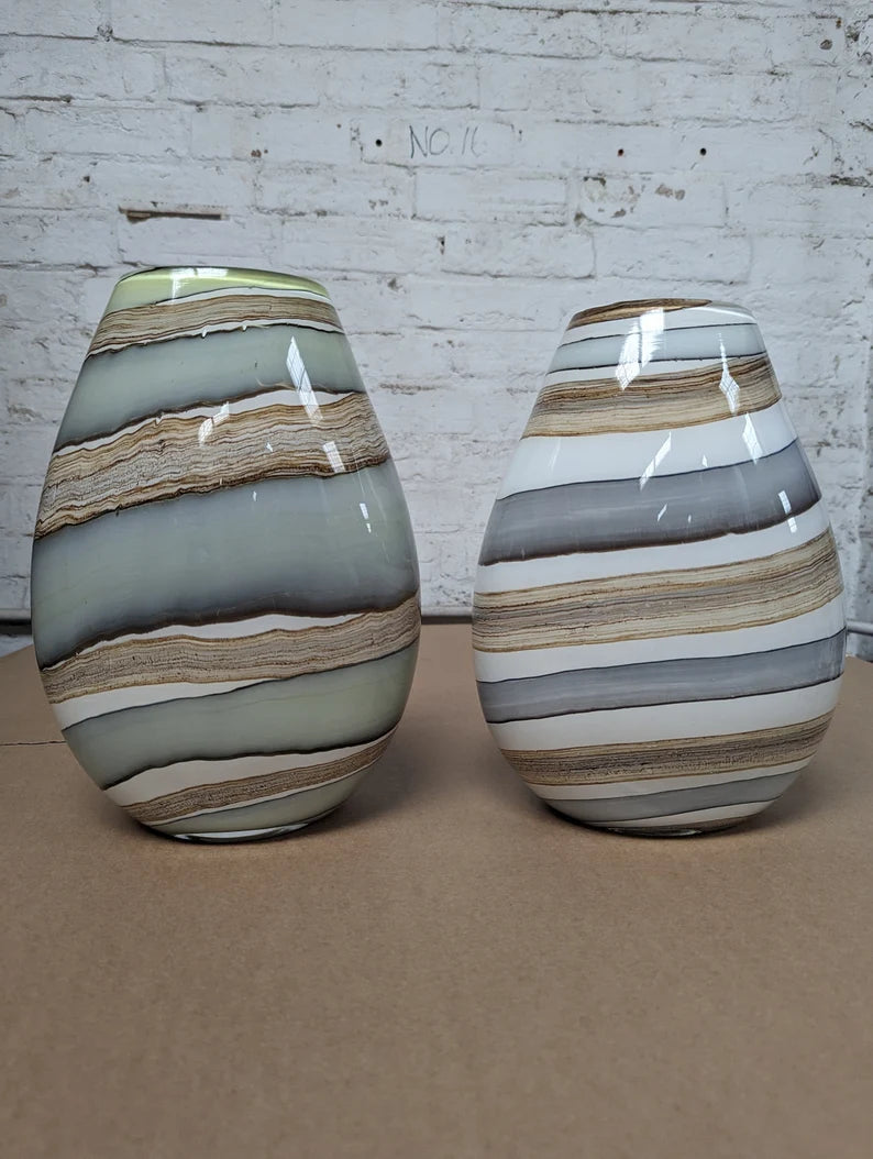 30cm Mouth Blown Glass Oval Vase Blue Grey Green Cream Effect