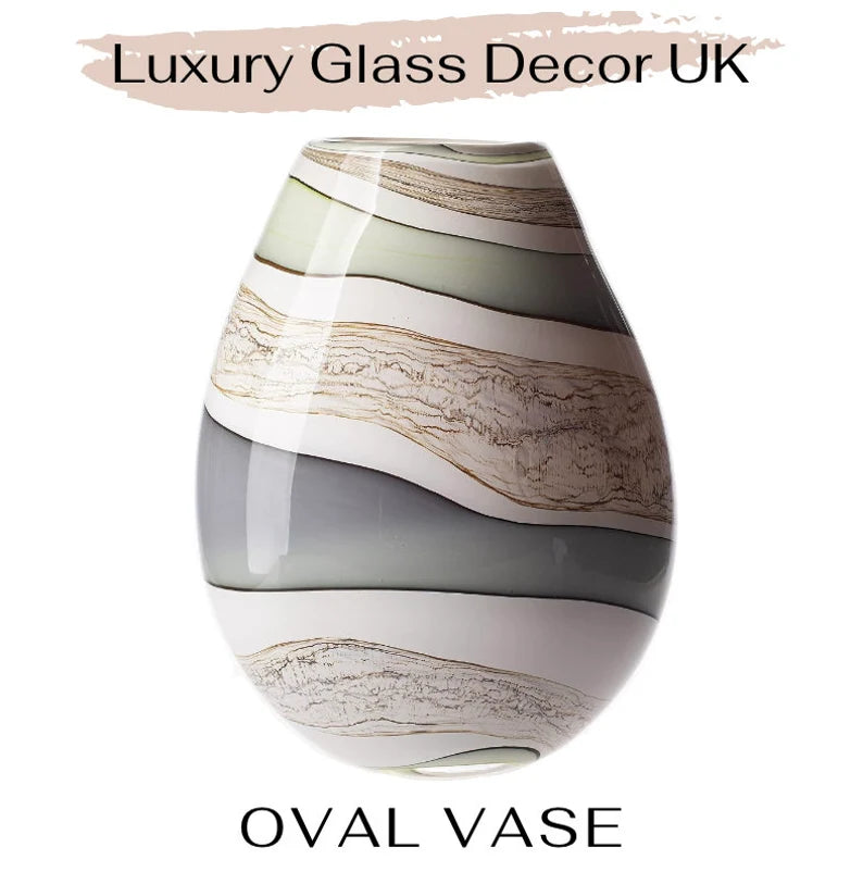 30cm Mouth Blown Glass Oval Vase Blue Grey Green Cream Effect