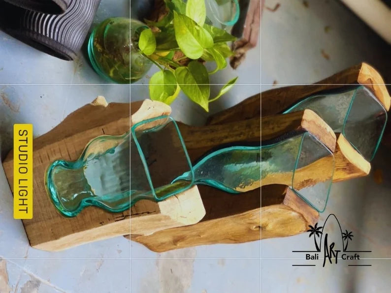 Molten Glasses flower Vases 11 Inch on wood / Pots / Aquascape / Roots / Gamal wood