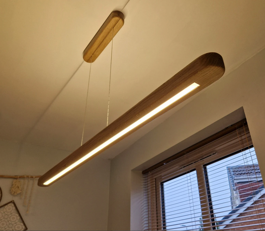 Handmade Oak LED Pendant Light – Modern Linear Chandelier for Dining Room | Minimalist Hanging Wood Lighting (110cm)