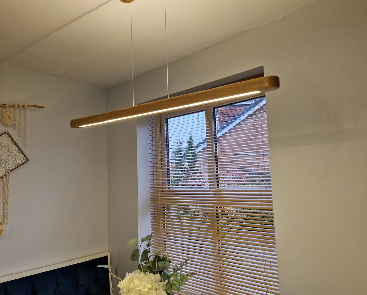 Handmade Oak LED Pendant Light – Modern Linear Chandelier for Dining Room | Minimalist Hanging Wood Lighting (110cm)