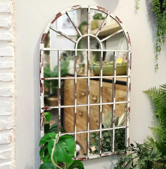 **Rustic Arched Mirror – Handcrafted Indoor/Outdoor Metal Garden Mirror | Shabby Chic Decor**