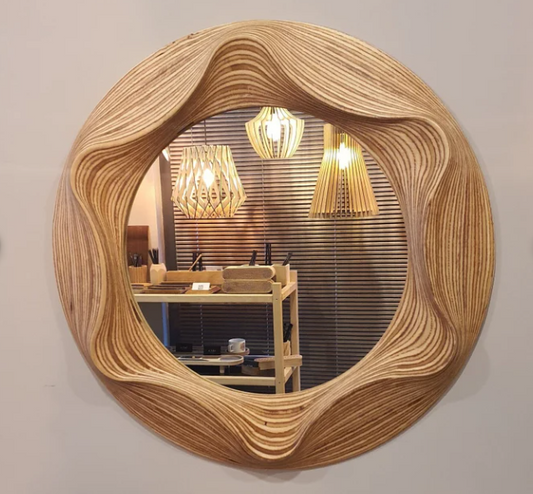 Handmade Irregular Wavy Wooden Round Wall Mirror – Asymmetrical Design for Bathroom, Bedroom, Hallway, and Living Room