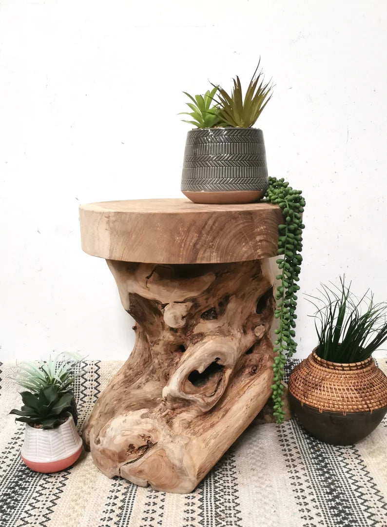 Twisted Root Teak Stool / Side Table / Plant Stand Bohemian Sustainable Natural