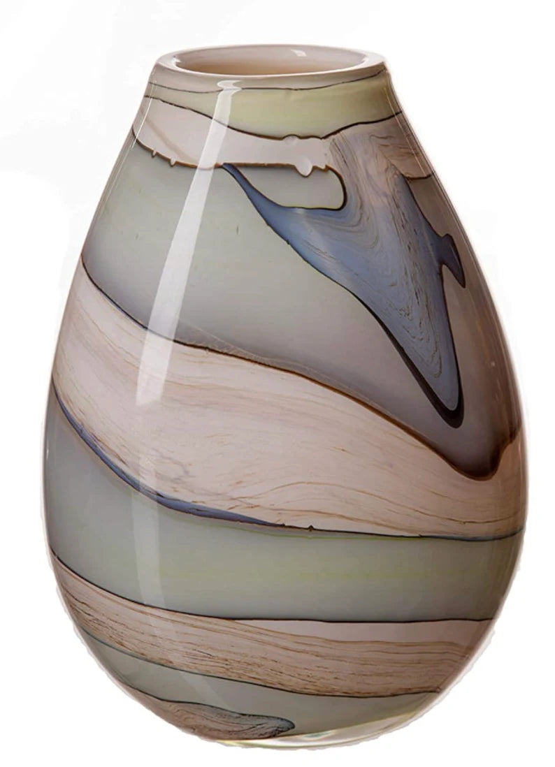 30cm Mouth Blown Glass Oval Vase Blue Grey Green Cream Effect
