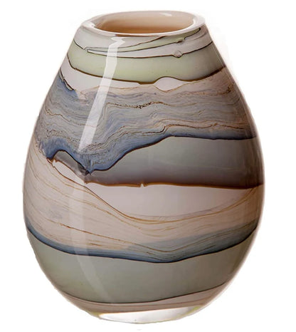 30cm Mouth Blown Glass Oval Vase Blue Grey Green Cream Effect