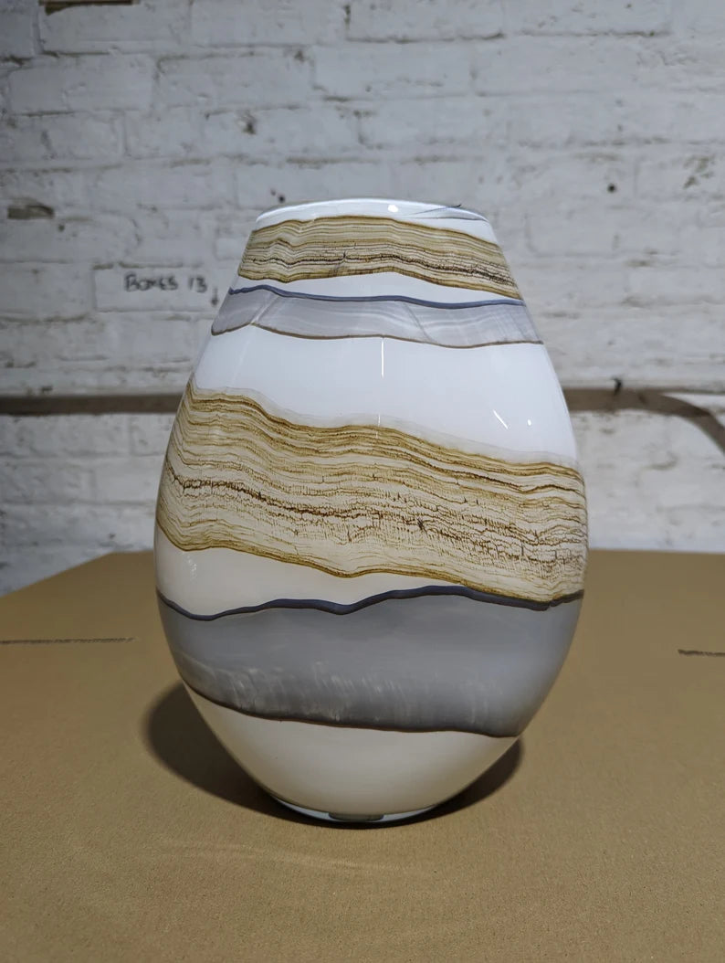 30cm Mouth Blown Glass Oval Vase Blue Grey Green Cream Effect