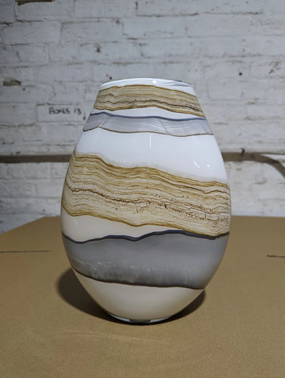 30cm Mouth Blown Glass Oval Vase Blue Grey Green Cream Effect
