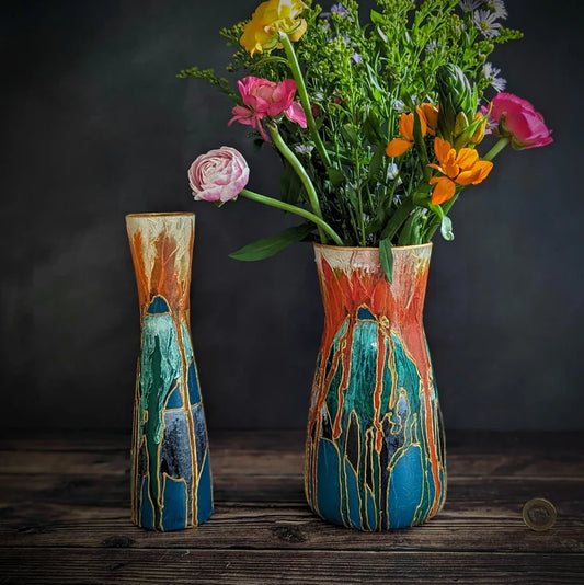 Colourful Vase Unique Hand Painted Design Orange Green Turquoise Modern Interiors Bright Home Decor Vibrant Coloured Pot