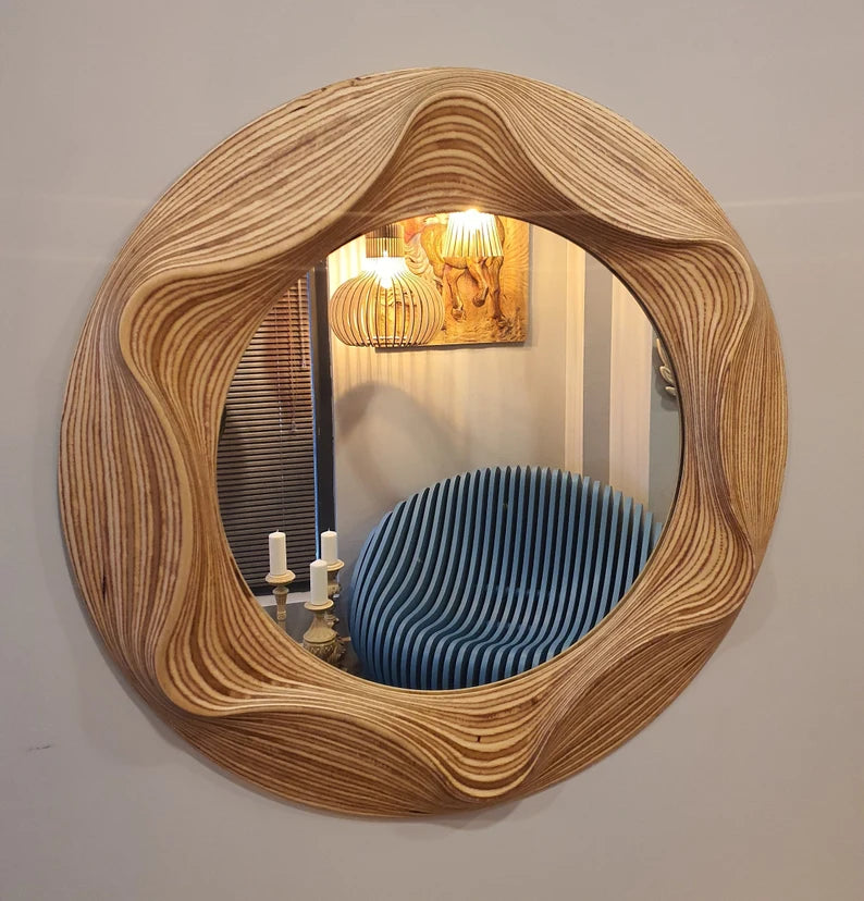 Handmade Irregular Wavy Wooden Round Wall Mirror – Asymmetrical Design for Bathroom, Bedroom, Hallway, and Living Room