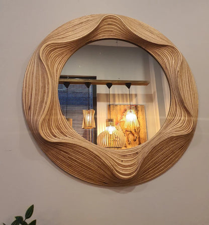 Handmade Irregular Wavy Wooden Round Wall Mirror – Asymmetrical Design for Bathroom, Bedroom, Hallway, and Living Room