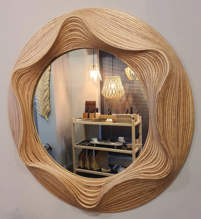 Handmade Irregular Wavy Wooden Round Wall Mirror – Asymmetrical Design for Bathroom, Bedroom, Hallway, and Living Room