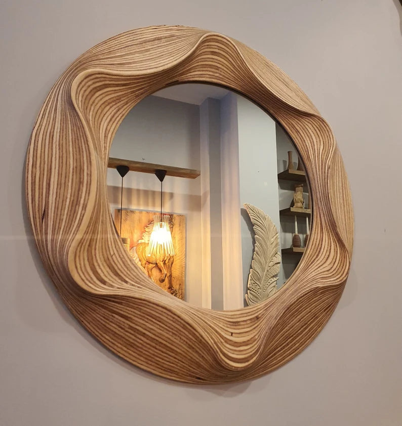 Handmade Irregular Wavy Wooden Round Wall Mirror – Asymmetrical Design for Bathroom, Bedroom, Hallway, and Living Room