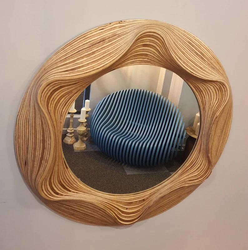 Handmade Irregular Wavy Wooden Round Wall Mirror – Asymmetrical Design for Bathroom, Bedroom, Hallway, and Living Room