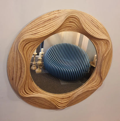 Handmade Irregular Wavy Wooden Round Wall Mirror – Asymmetrical Design for Bathroom, Bedroom, Hallway, and Living Room