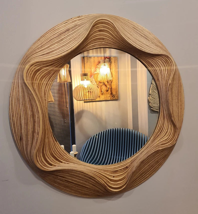 Handmade Irregular Wavy Wooden Round Wall Mirror – Asymmetrical Design for Bathroom, Bedroom, Hallway, and Living Room