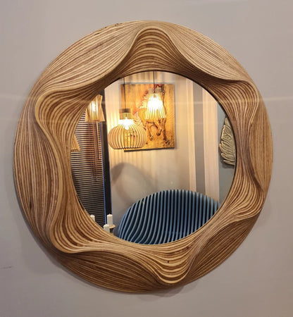 Handmade Irregular Wavy Wooden Round Wall Mirror – Asymmetrical Design for Bathroom, Bedroom, Hallway, and Living Room