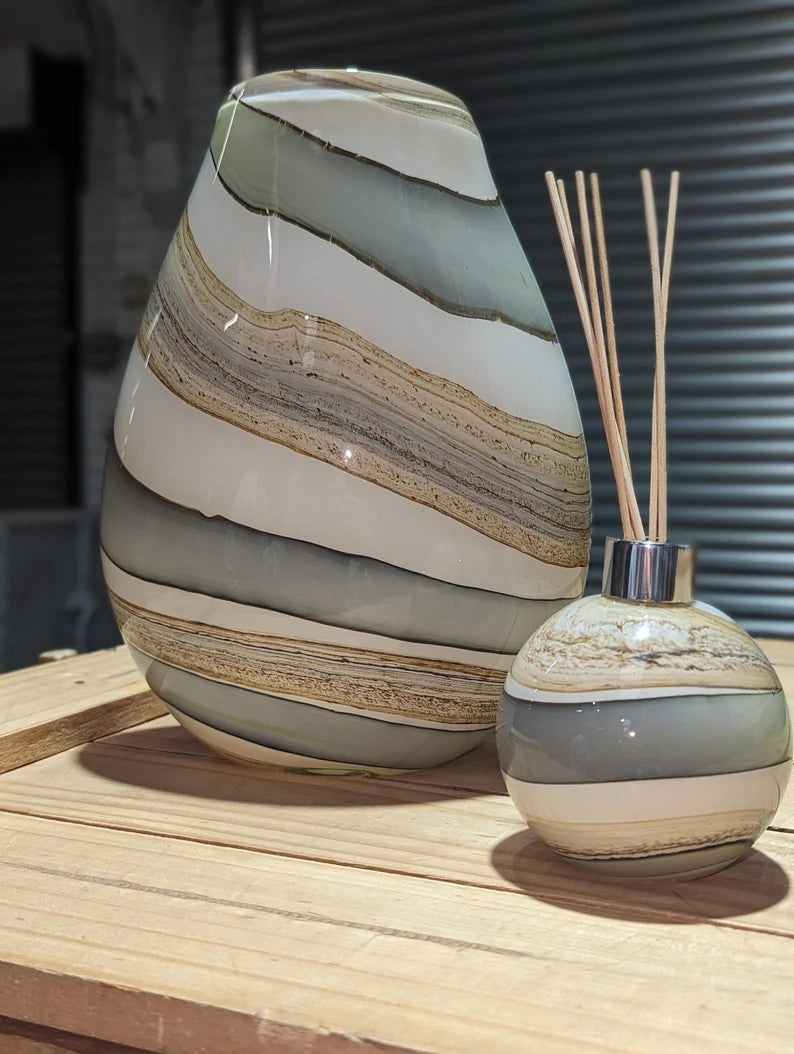 30cm Mouth Blown Glass Oval Vase Blue Grey Green Cream Effect