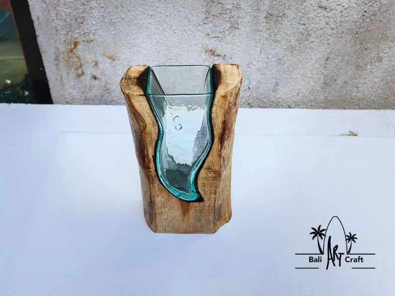 Molten Glasses flower Vases 11 Inch on wood / Pots / Aquascape / Roots / Gamal wood