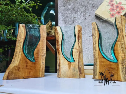 Molten Glasses flower Vases 11 Inch on wood / Pots / Aquascape / Roots / Gamal wood