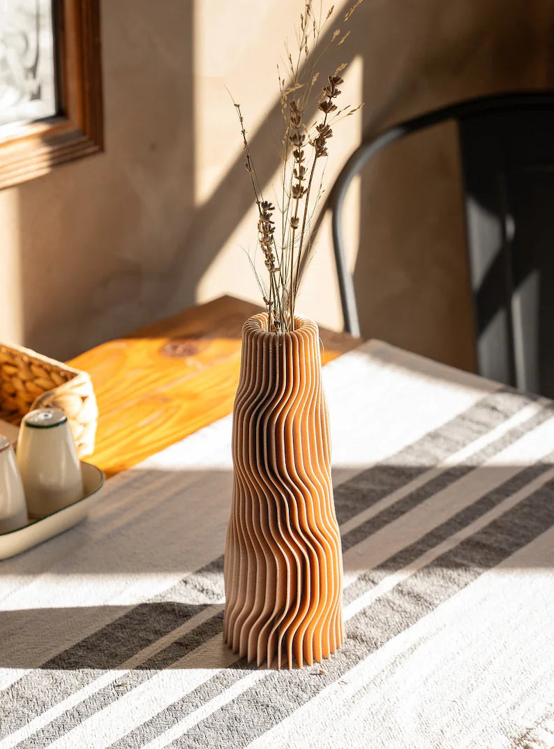 Natural Wood Vase – Vertical Stripes for Contemporary and Minimalist Spaces