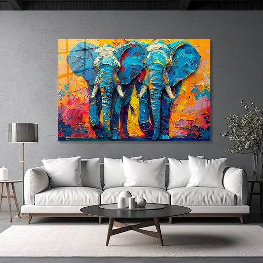 **Colorful Elephant Wall Art – Glass Pop Art Painting | African Wildlife Decor | Country Style Large Horizontal Wall Piece**