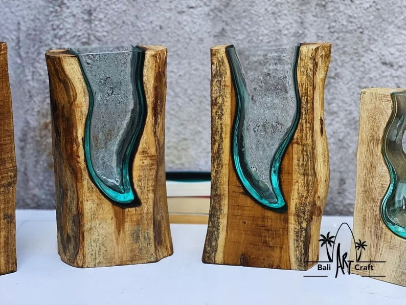 Molten Glasses flower Vases 11 Inch on wood / Pots / Aquascape / Roots / Gamal wood