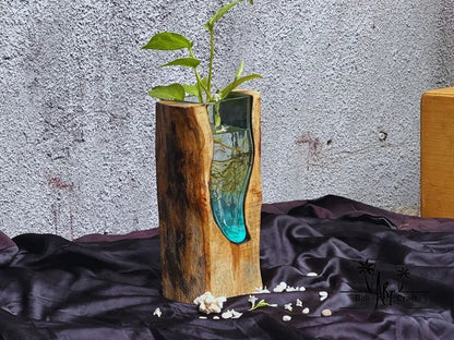 Molten Glasses flower Vases 11 Inch on wood / Pots / Aquascape / Roots / Gamal wood
