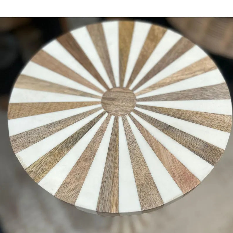 White Resin and Wood Round Starburst Side Table, Inlay Drinks Table, Wooden Side Table, Home Decor, Interior Furniture, Stylish Design