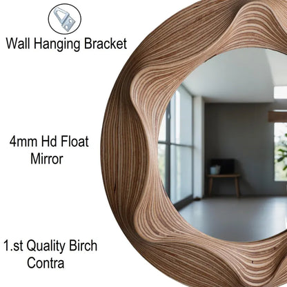Handmade Irregular Wavy Wooden Round Wall Mirror – Asymmetrical Design for Bathroom, Bedroom, Hallway, and Living Room