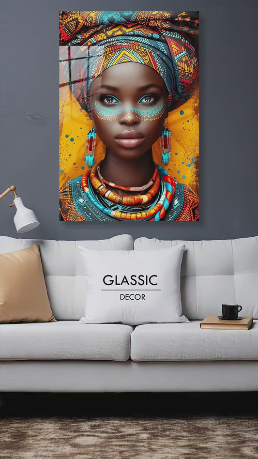 **African Woman Wall Art – Colorful Black Girl Portrait | Large Tempered Glass Ethnic Decor | Living Room Wall Painting**