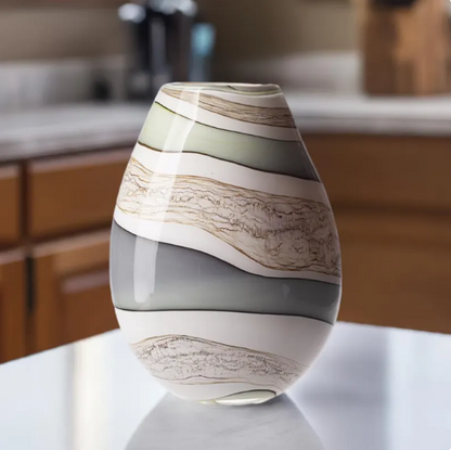 30cm Mouth Blown Glass Oval Vase Blue Grey Green Cream Effect