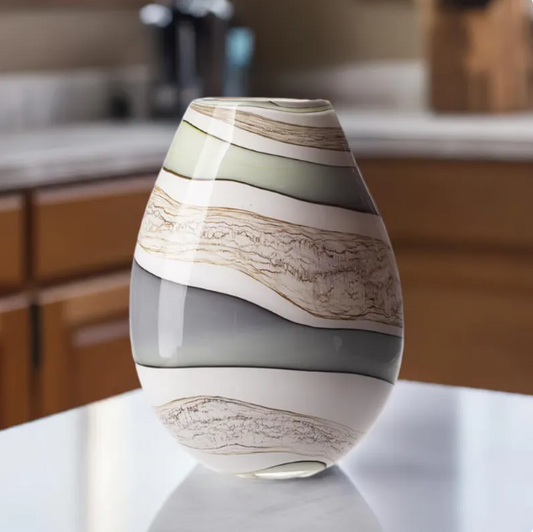 30cm Mouth Blown Glass Oval Vase Blue Grey Green Cream Effect