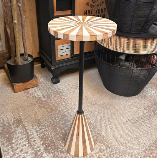 White Resin and Wood Round Starburst Side Table, Inlay Drinks Table, Wooden Side Table, Home Decor, Interior Furniture, Stylish Design